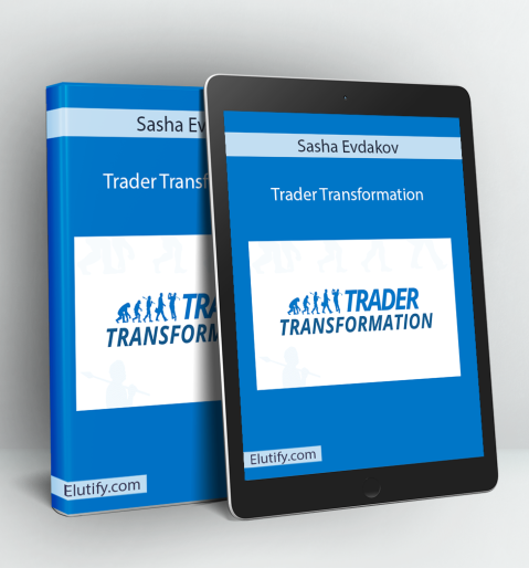Product mockup for the Sasha Evdakov Trader Transformation online course, showing the course binder and digital version on a tablet.