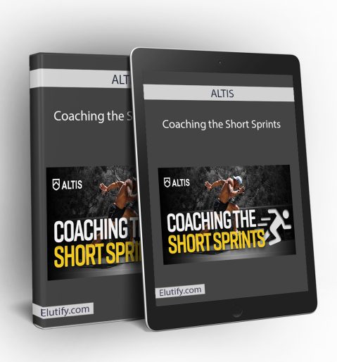 Mockup of ALTIS Coaching the Short Sprints course on a book and tablet, displaying the sprinting coaching content and illustrating multi-device access for athletes and coaches.