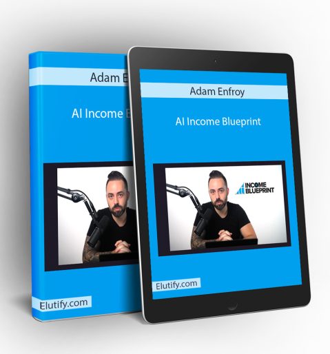 Mockup of Adam Enfroy AI Income Blueprint course on a book and tablet, illustrating multi-device access to the AI-powered blogging program.