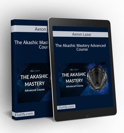 Mockup of Aeron Lazar The Akashic Mastery Advanced Course on a book and tablet, displaying the spiritual themed cover and illustrating multi-device access to Akashic Records training.