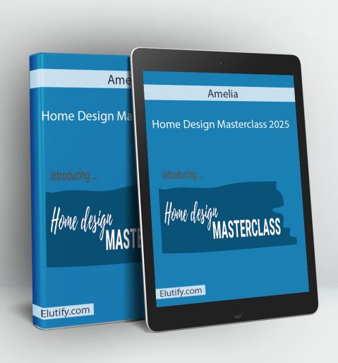 Product mockup for the Home Design Masterclass by Amelia Lee, showing the online course for floor plan design displayed on a tablet and smartphone.