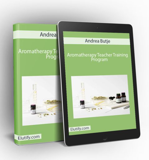 Product mockup for Andrea Butje's 'Aromatherapy Teacher Training Program,' showing the online course materials on a digital tablet and binder.