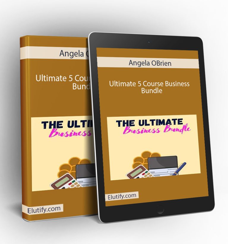 Mockup of Angela O’Brien's Ultimate 5 Course Business Bundle displayed on a book and tablet, illustrating multi-device access to business strategy and growth courses.