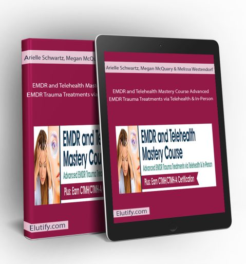 Product mockup for the 'EMDR and Telehealth Mastery Course,' showing the online training materials on a digital tablet and binder.