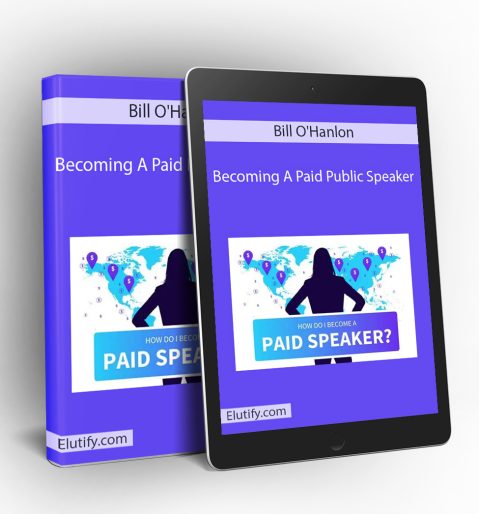 Product mockup for Bill O'Hanlon's 'Becoming A Paid Public Speaker' course, showing the online training materials on a digital tablet and binder.