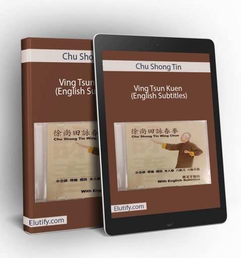 Mockup of Chu Shong Tin Ving Tsun Kuen (English Subtitles) course on a book and tablet, showing the DVD cover and illustrating multi-device access to Wing Chun training.