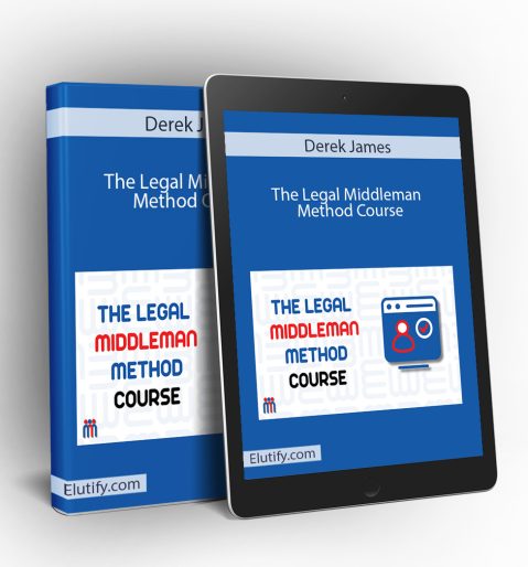 Mockup of Derek James The Legal Middleman Method Course on a book and tablet, featuring the course logo with a user profile and checklist, symbolizing business contract management and compliance.