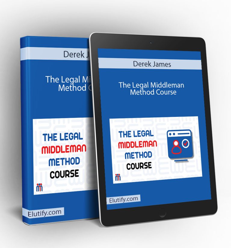 Mockup of Derek James The Legal Middleman Method Course on a book and tablet, featuring the course logo with a user profile and checklist, symbolizing business contract management and compliance.