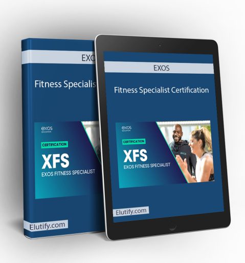 Product mockup for the EXOS Fitness Specialist Certification, showing the online training materials on a digital tablet and binder.