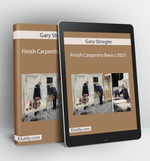 Product mockup for Gary Striegler's 'Finish Carpentry Basics' course, showing the online training materials on a digital tablet and binder.