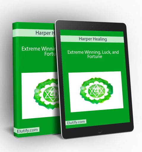Product mockup for Harper Healing's 'Extreme Winning, Luck, and Fortune' program, showing the materials on a digital tablet and binder.