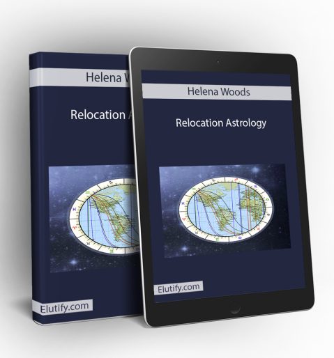 Product mockup for Helena Woods' 'Relocation Astrology' course, showing the online training materials on a digital tablet and binder.