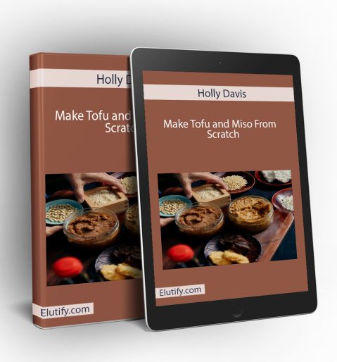 Mockup of Holly Davis Make Tofu and Miso From Scratch course on a book and tablet, illustrating multi-device access to plant-based cooking lessons.
