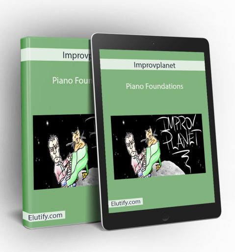 Product mockup for the Improvplanet 'Piano Foundations' course, showing the online piano lessons on a digital tablet and binder.
