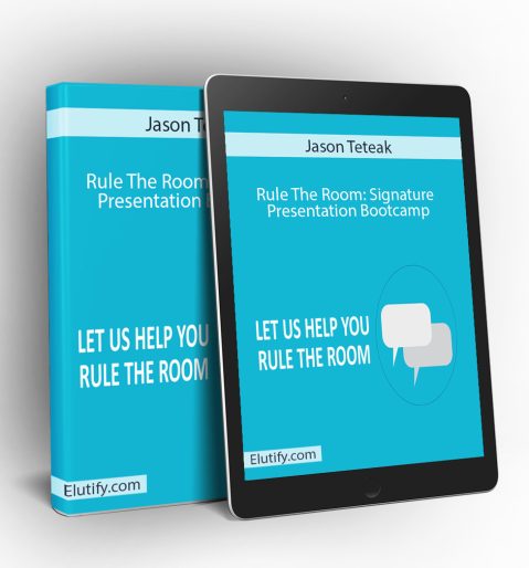 Product mockup for Jason Teteak's 'Rule The Room Presentation Bootcamp,' showing the online course materials on a digital tablet and binder.