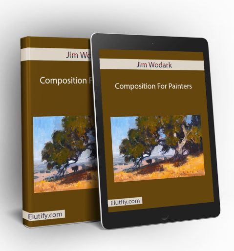 Mockup of Jim Wodark Composition For Painters course on a book and tablet, displaying the course's landscape painting example and highlighting multi-device access.