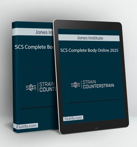 Product mockup for the 'SCS Complete Body Online' course from the Jones Institute, showing the Strain Counterstrain training on a digital tablet and binder.