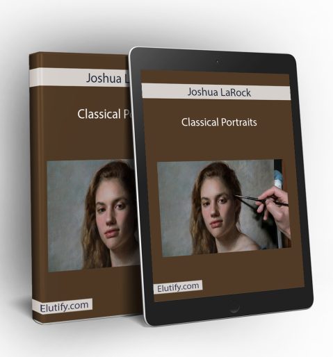 Mockup of Joshua LaRock Classical Portraits course on a book and tablet, displaying the portrait painting process and illustrating multi-device access for art students.