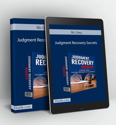 Product mockup for the Judgment Recovery Secrets online course, showing the course materials, manual, and digital access.