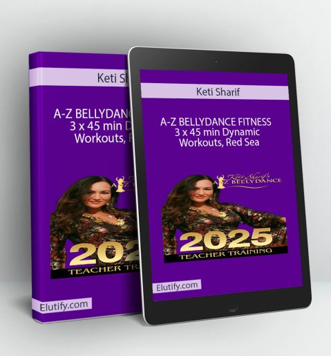 Product mockup for Keti Sharif's 'A-Z Bellydance Fitness' course, showing the online workouts on a digital tablet and binder.