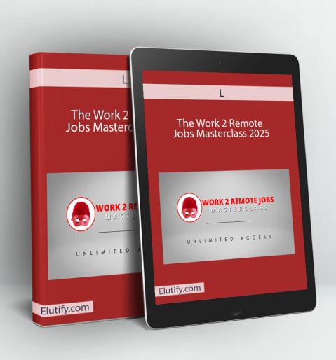 Product mockup for 'The Work 2 Remote Jobs Masterclass,' showing the online course materials on a digital tablet and binder.