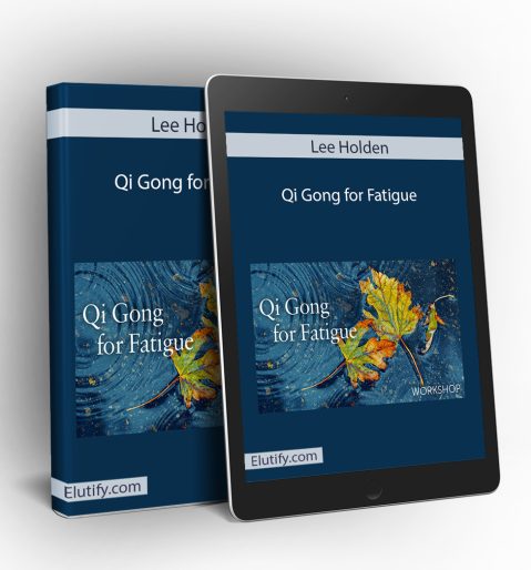 Mockup of Lee Holden Qi Gong for Fatigue workshop on a book and tablet, displaying the course cover with autumn leaves and illustrating multi-device access.