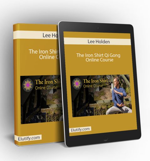 Mockup of Lee Holden The Iron Shirt Qi Gong Online Course on a book and tablet, displaying Lee Holden in a Qi Gong stance and illustrating multi-device access for energy practice.