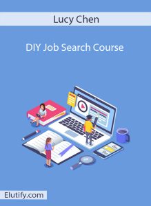 Course cover for Lucy Chen DIY Job Search Course, depicting stylized figures interacting with a laptop, book, and mobile devices, symbolizing online learning for career development.
