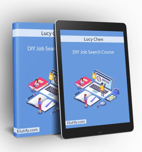 Mockup of Lucy Chen DIY Job Search Course on a book and tablet, displaying the online learning setup and illustrating multi-device access for job search training