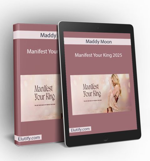 Product mockup for Maddy Moon's 'Manifest Your King' course, showing the online program materials on a digital tablet and binder.