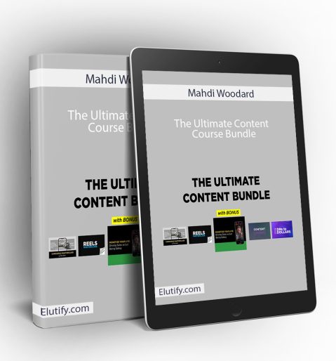 Product mockup for Mahdi Woodard's 'Ultimate Content Course Bundle,' showing the online training materials on a digital tablet and binder.