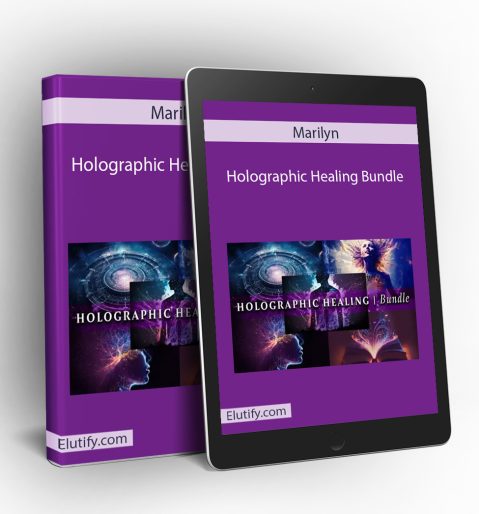 Mockup of Marilyn's Holographic Healing Bundle course displayed on a book and tablet, illustrating multi-device access to spiritual healing and transformation.