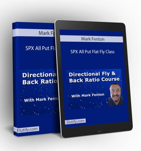 Mockup of Mark Fenton SPX All Put Flat Fly Class on a book and tablet, displaying the course content and illustrating multi-device access for options trading.