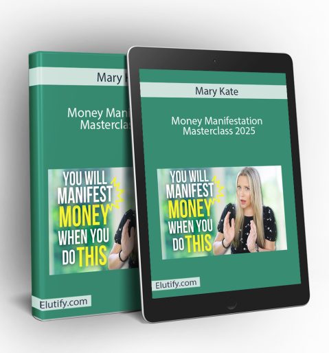 Product mockup for Mary Kate's 'Money Manifestation Masterclass,' showing the online course materials on a digital tablet and binder.