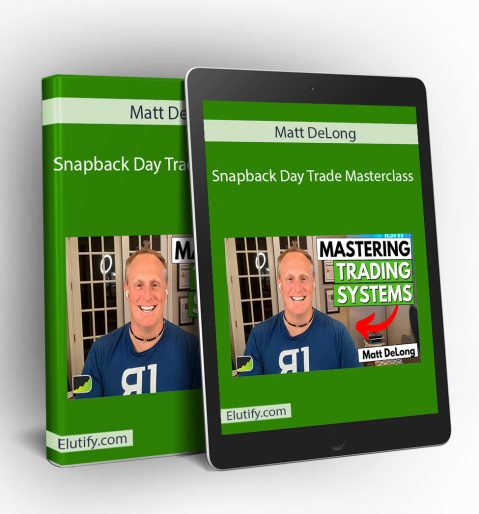 Mockup of Matt DeLong Snapback Day Trade Masterclass on a book and tablet, displaying Matt DeLong and the "Mastering Trading Systems" content, illustrating multi-device access for trading education.
