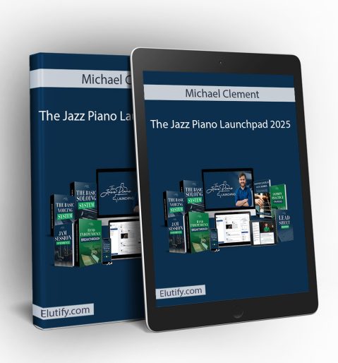 Product mockup for 'The Jazz Piano Launchpad' by Michael Clement, showing the online piano course materials on a digital tablet and binder.