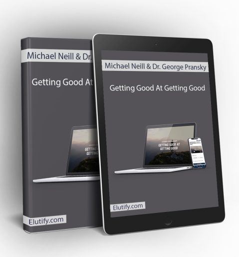 Product mockup for the 'Getting Good At Getting Good' course, showing the online program materials on a digital tablet and binder.