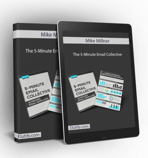 Mockup of Mike Millner's The 5-Minute Email Collective course on a book and tablet, displaying email templates and promotional sequence charts for client acquisition.