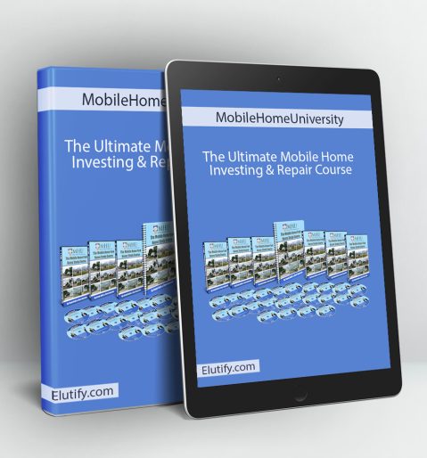 Product mockup for the 'Ultimate Mobile Home Investing & Repair Course,' showing the online training materials on a digital tablet and binder.