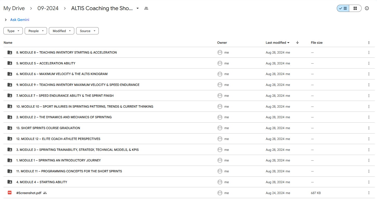 Google Drive folder for ALTIS Coaching the Short Sprints, listing modules on starting ability, acceleration, maximum velocity, speed endurance, and programming concepts.