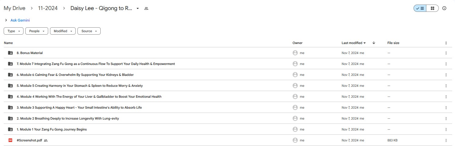 Google Drive folder for Daisy Lee's Qigong to Renew & Rejuvenate Whole-Body Health course, listing modules for supporting organs, calming fear, and continuous Qigong flow.