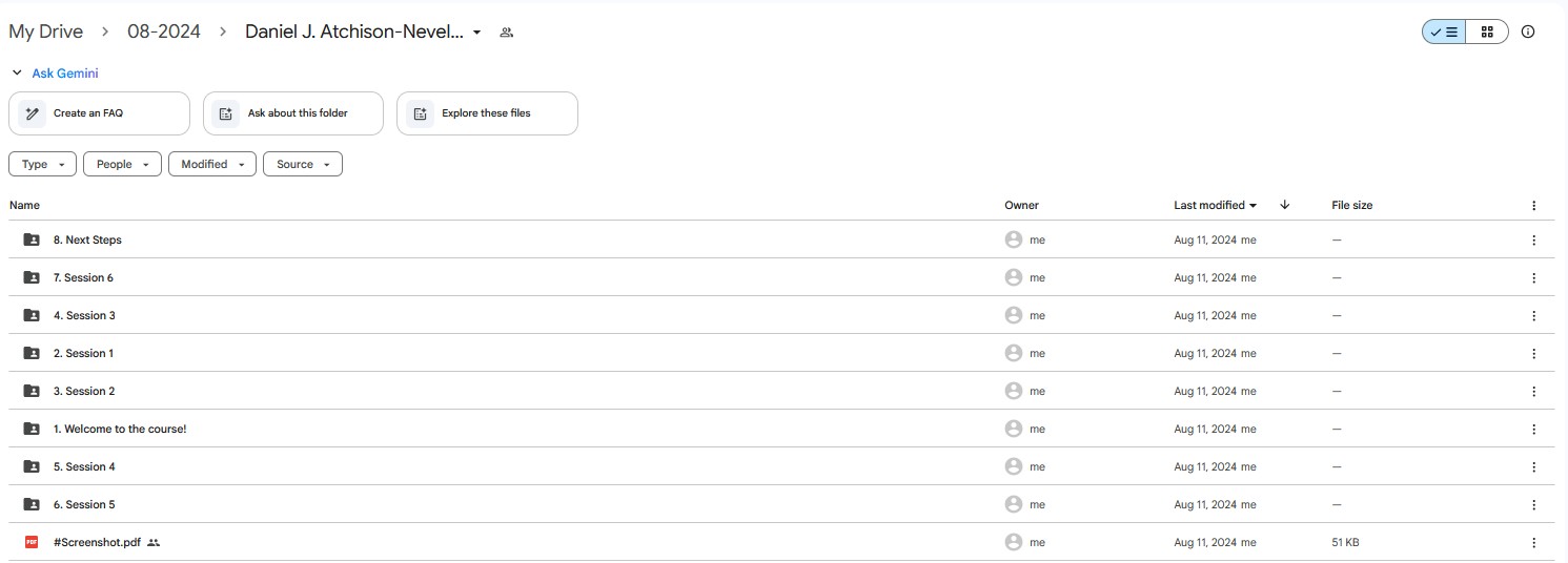 Google Drive folder for Daniel J. Atchison-Nevel's Entering The Vessels course, showing organized session modules from Week 1 to Week 8.