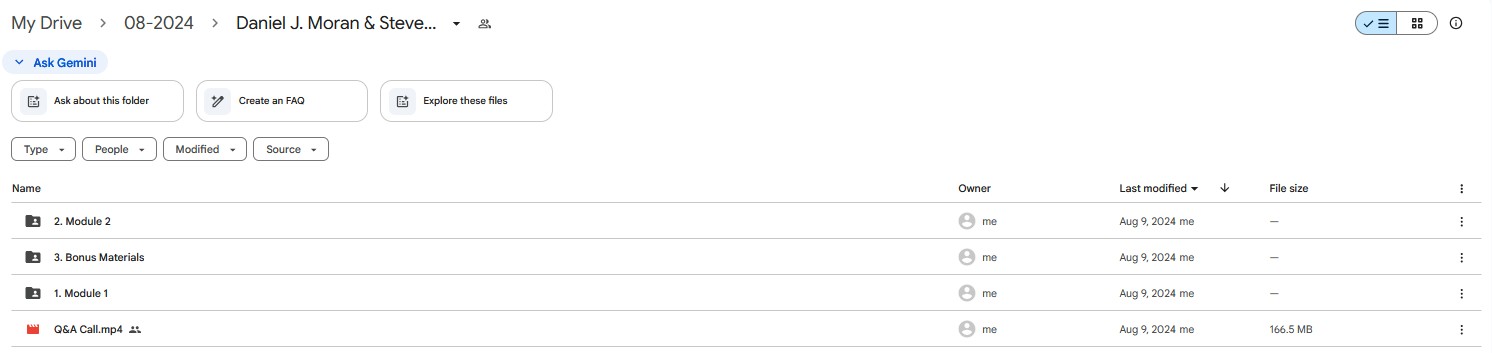 Google Drive folder titled "Daniel J. Moran & Steven C. Hayes - Acceptance and Commitment Therapy" showing course modules, bonus materials, and Q&A call recordings.
