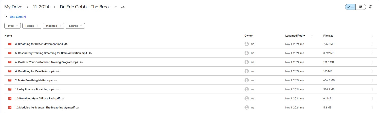 Google Drive folder for Dr. Eric Cobb's The Breathing Gym course, showing modules on breathing for movement, pain relief, and brain activation.