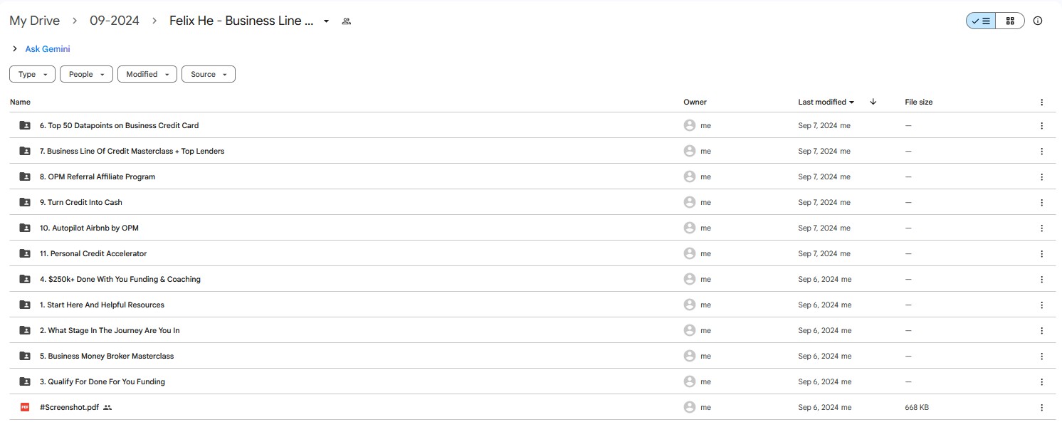 Google Drive folder titled "Felix He - Business Line..." showing various course modules and resources related to business lines of credit and funding strategies.