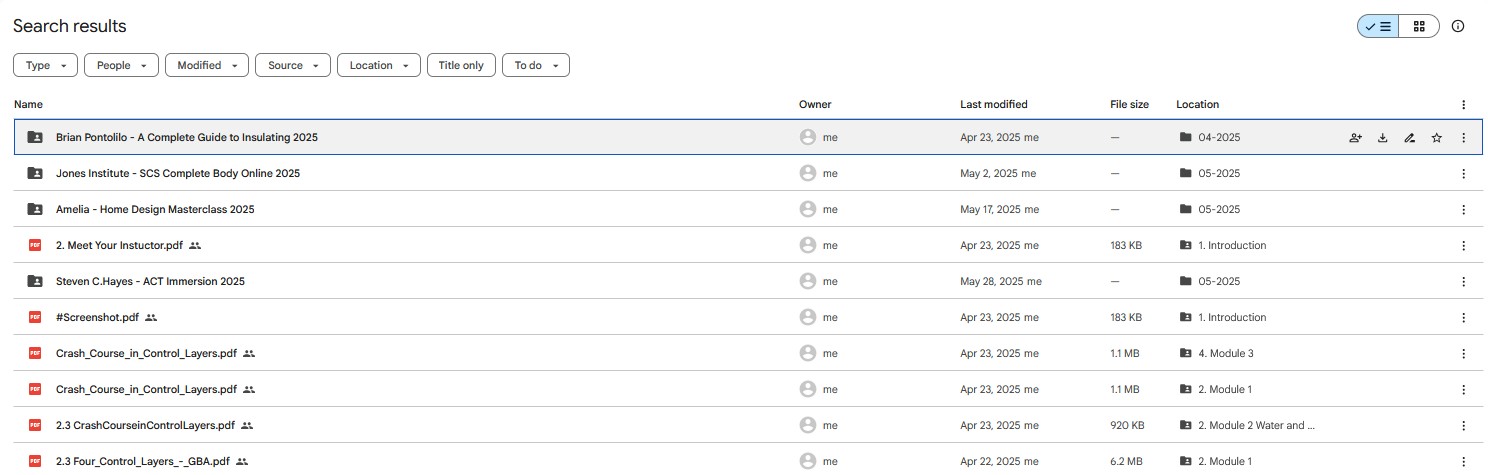 Screenshot of search results showing the various course files and resources for the 'Finish Carpentry Basics' program.