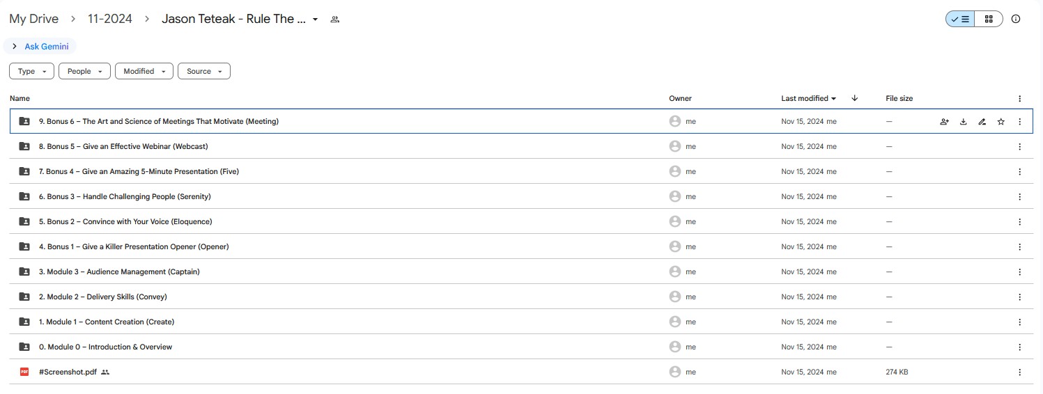 Google Drive folder for Jason Teteak's Rule The Room Signature Presentation Bootcamp, listing modules on content creation, delivery skills, and audience management, plus various bonus sessions.