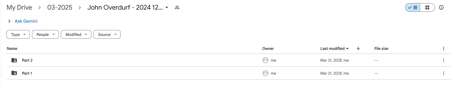 Google Drive folder for John Overdurf's 2024 12 Daze Bundle, showing organized content divided into "Part 1" and "Part 2" folders.