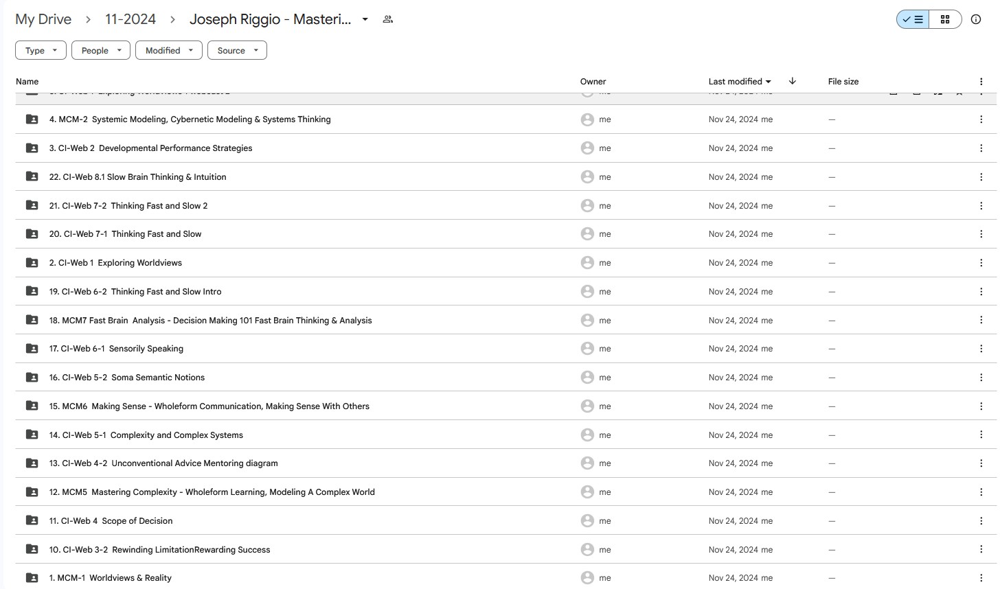 Screenshot collage of the comprehensive curriculum for Dr. Joseph Riggio's 'Mastering Cognitive Maturity' series, showing the detailed lesson folders.