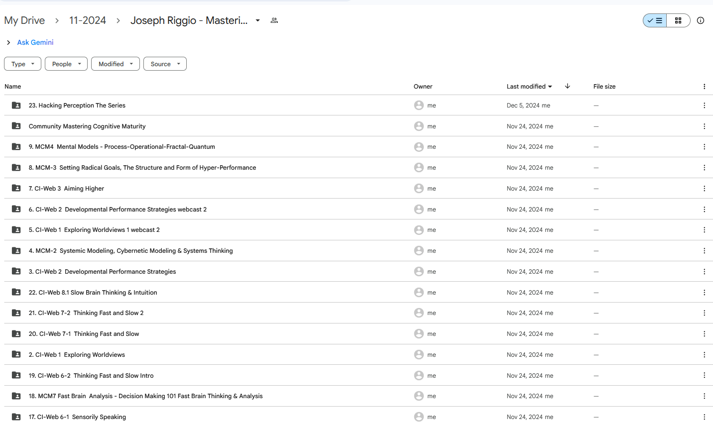 Screenshot collage of the comprehensive curriculum for Dr. Joseph Riggio's 'Mastering Cognitive Maturity' series, showing the detailed lesson folders.